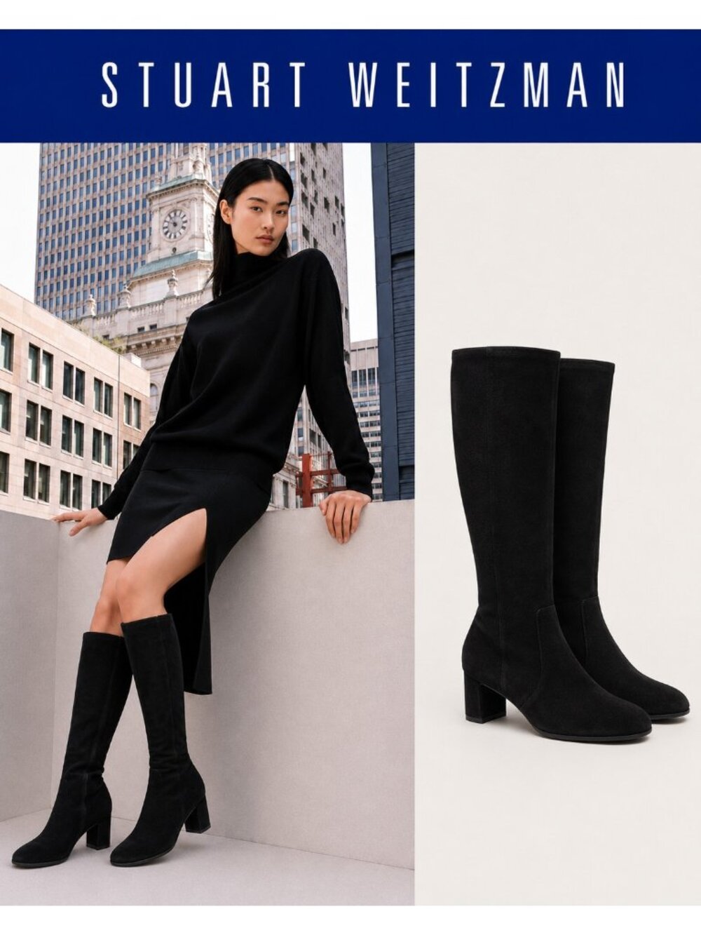 Stuart Weitzman Black Suede Knee High Boots Block Heel Size 10 Made in Spain